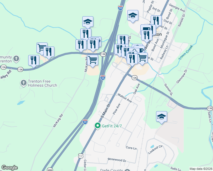 map of restaurants, bars, coffee shops, grocery stores, and more near 11797 South Main Street in Trenton