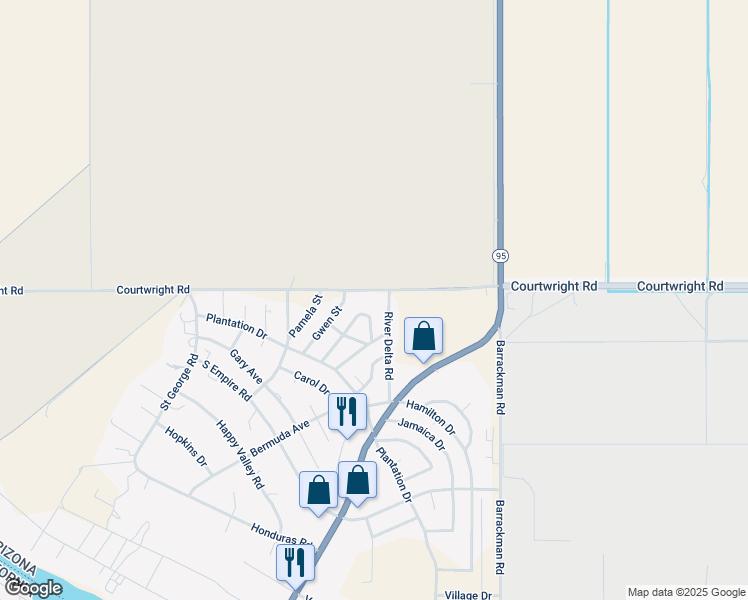 map of restaurants, bars, coffee shops, grocery stores, and more near 1368 Courtwright Road in Mohave Valley