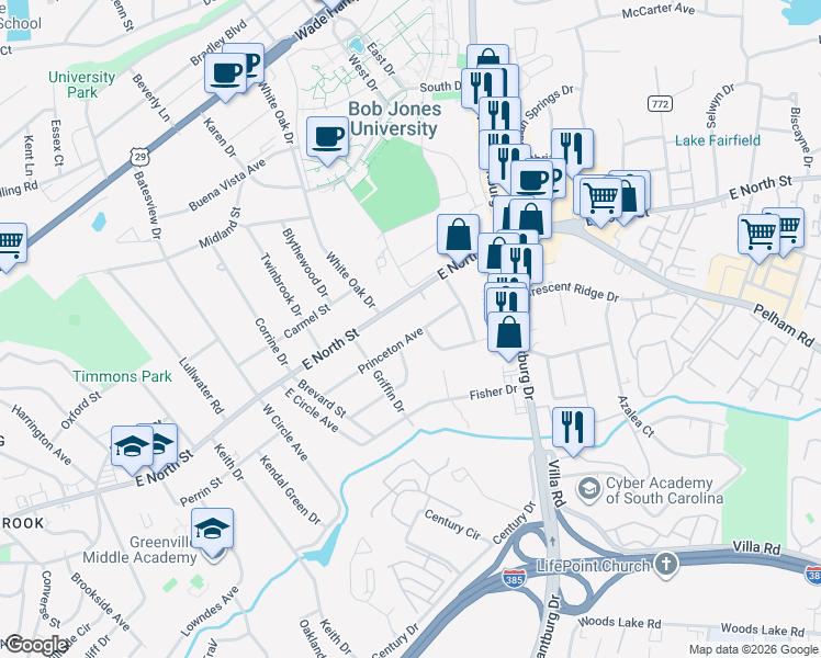 map of restaurants, bars, coffee shops, grocery stores, and more near 123 Princeton Avenue in Greenville