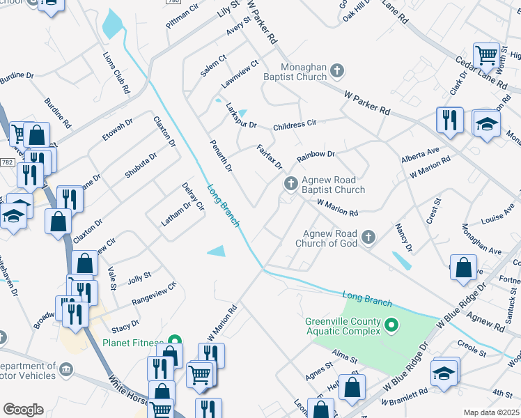 map of restaurants, bars, coffee shops, grocery stores, and more near 508 Penarth Drive in Greenville