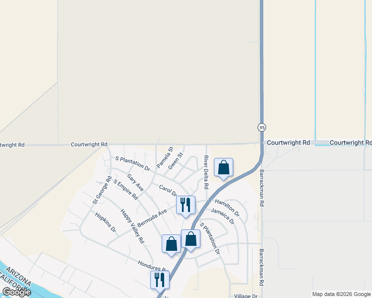 map of restaurants, bars, coffee shops, grocery stores, and more near 10001-10039 Gwen St in Mohave Valley