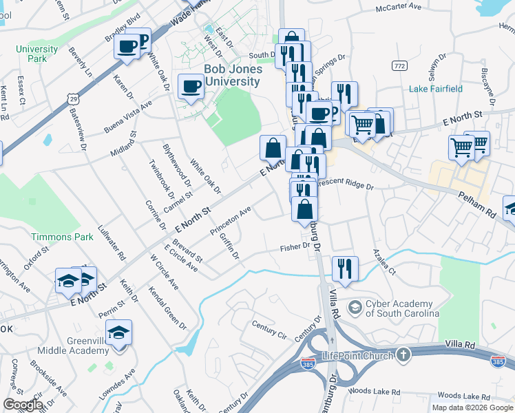 map of restaurants, bars, coffee shops, grocery stores, and more near 206 Princeton Avenue in Greenville
