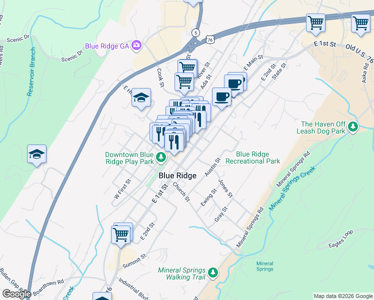 map of restaurants, bars, coffee shops, grocery stores, and more near 3293 East 1st Street in Blue Ridge