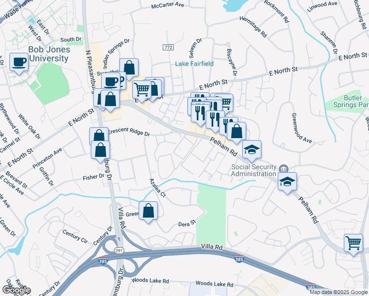 map of restaurants, bars, coffee shops, grocery stores, and more near 100 Pelham Road in Greenville