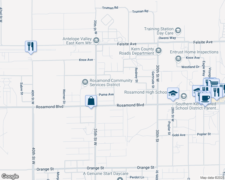 map of restaurants, bars, coffee shops, grocery stores, and more near 3360 Leopard Court in Rosamond