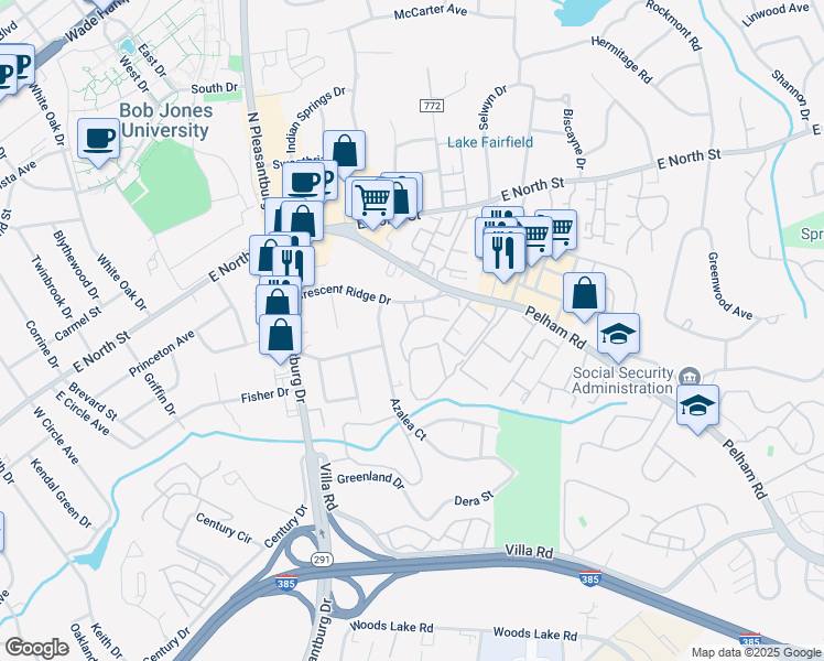 map of restaurants, bars, coffee shops, grocery stores, and more near 43 Briarglen Place in Greenville