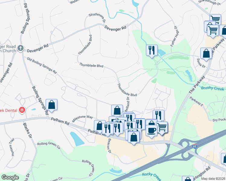 map of restaurants, bars, coffee shops, grocery stores, and more near 6 Baronne Court in Greer