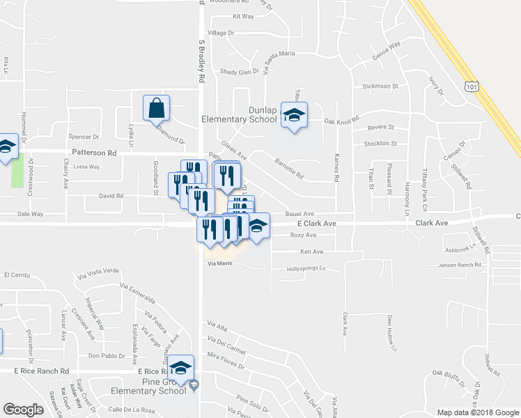 map of restaurants, bars, coffee shops, grocery stores, and more near 1203 Bauer Avenue in Santa Maria