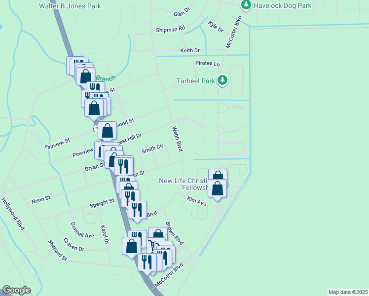 map of restaurants, bars, coffee shops, grocery stores, and more near 415 Webb Boulevard in Havelock