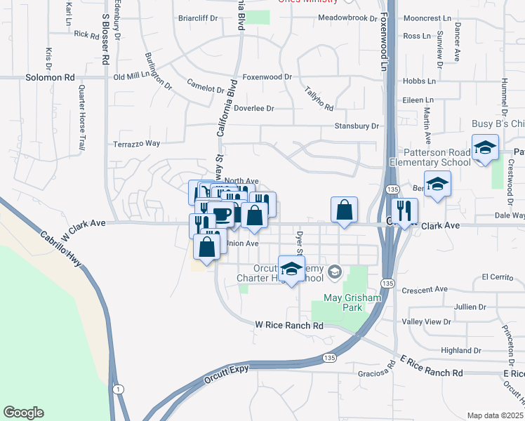 map of restaurants, bars, coffee shops, grocery stores, and more near 132 North Pacific Street in Orcutt