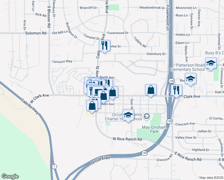 map of restaurants, bars, coffee shops, grocery stores, and more near 135 North Pacific Street in Orcutt