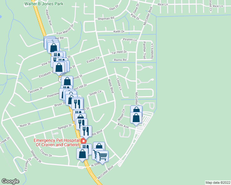 map of restaurants, bars, coffee shops, grocery stores, and more near 415 Webb Boulevard in Havelock