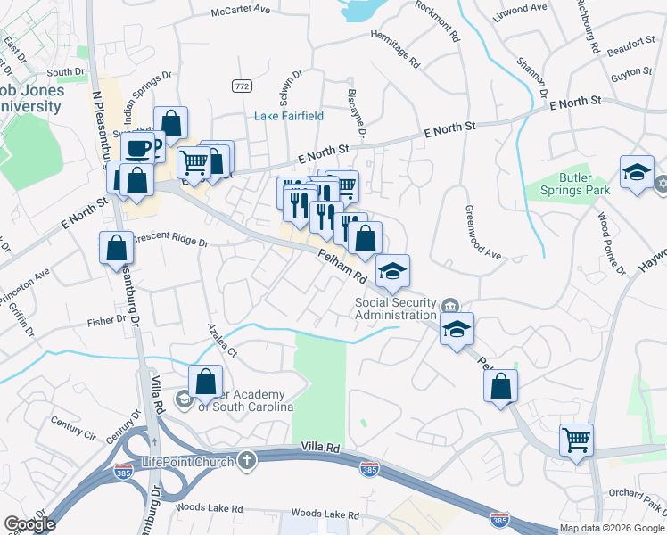 map of restaurants, bars, coffee shops, grocery stores, and more near 260 Pelham Road in Greenville