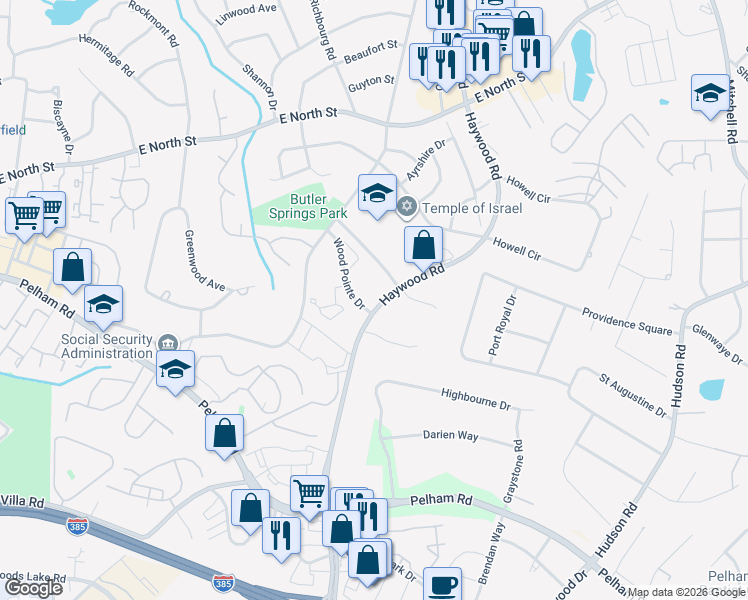 map of restaurants, bars, coffee shops, grocery stores, and more near 40 Wood Pointe Drive in Greenville