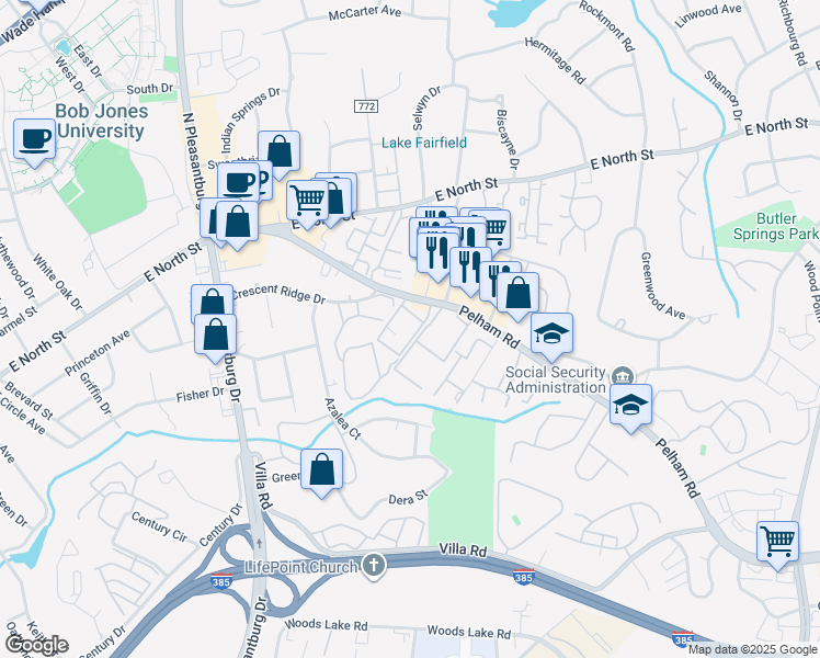 map of restaurants, bars, coffee shops, grocery stores, and more near 15442 Pelham Road in Greenville