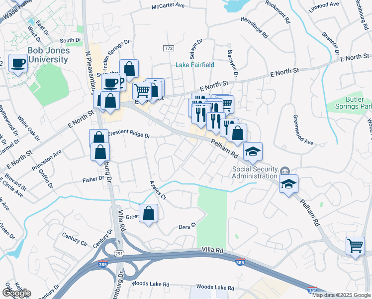 map of restaurants, bars, coffee shops, grocery stores, and more near 15442 Pelham Road in Greenville