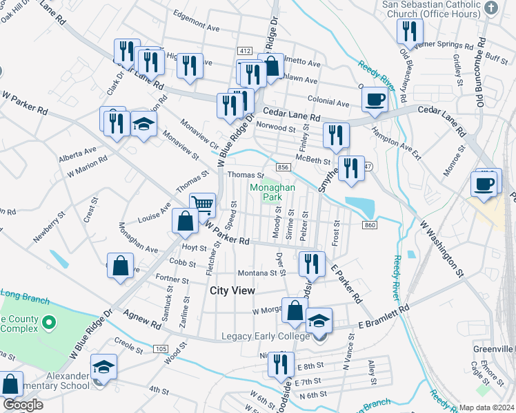map of restaurants, bars, coffee shops, grocery stores, and more near 12 North Ymca Street in Greenville