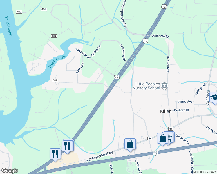 map of restaurants, bars, coffee shops, grocery stores, and more near 100 Shoals Avenue in Killen