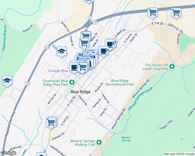 map of restaurants, bars, coffee shops, grocery stores, and more near 557 East 2nd Street in Blue Ridge
