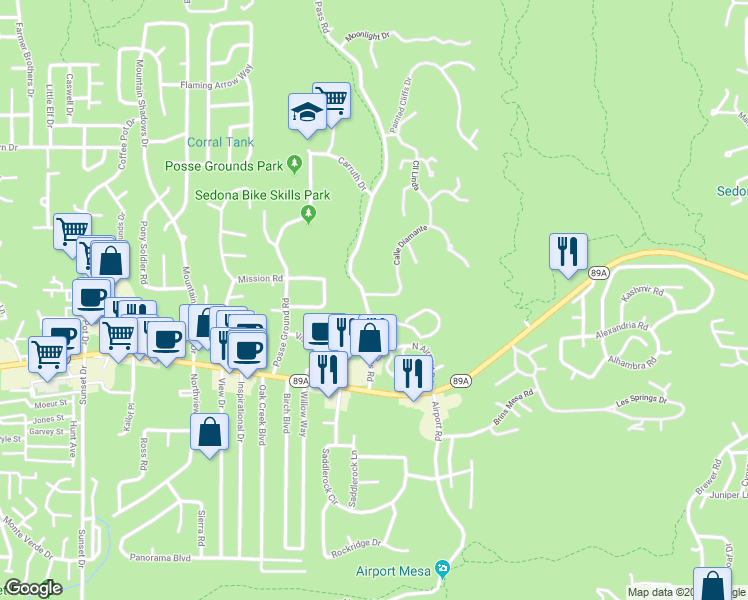 map of restaurants, bars, coffee shops, grocery stores, and more near 100 Saint John Vianney Lane in Sedona