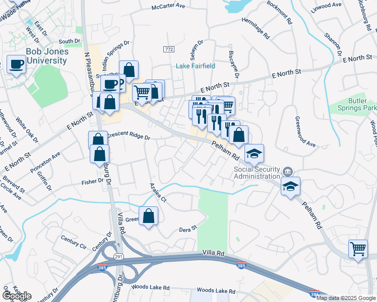 map of restaurants, bars, coffee shops, grocery stores, and more near 15442 Pelham Road in Greenville