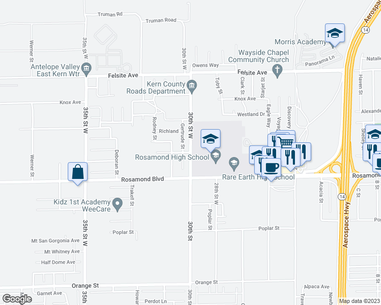 map of restaurants, bars, coffee shops, grocery stores, and more near 30th Street West & Edwards Avenue in Rosamond