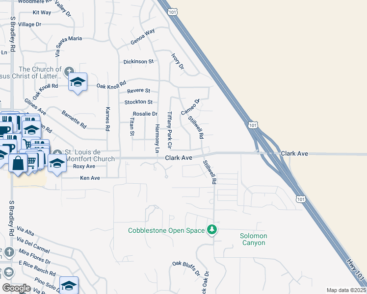 map of restaurants, bars, coffee shops, grocery stores, and more near 1529 Tiffany Park Circle in Santa Maria