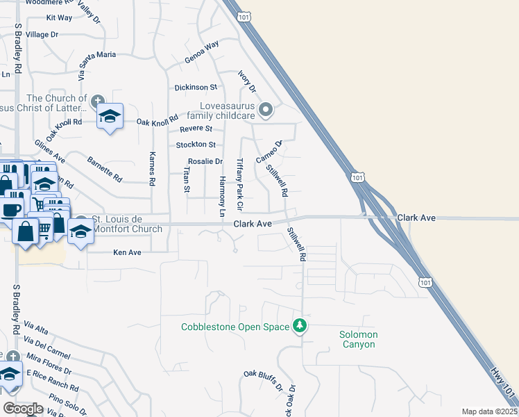 map of restaurants, bars, coffee shops, grocery stores, and more near 1529 Tiffany Park Circle in Santa Maria