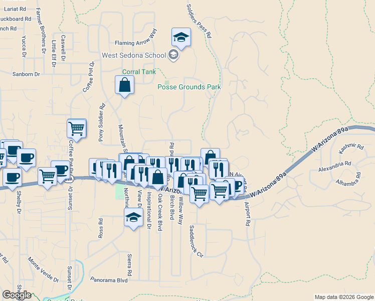 map of restaurants, bars, coffee shops, grocery stores, and more near 110 San Patricio Drive in Sedona