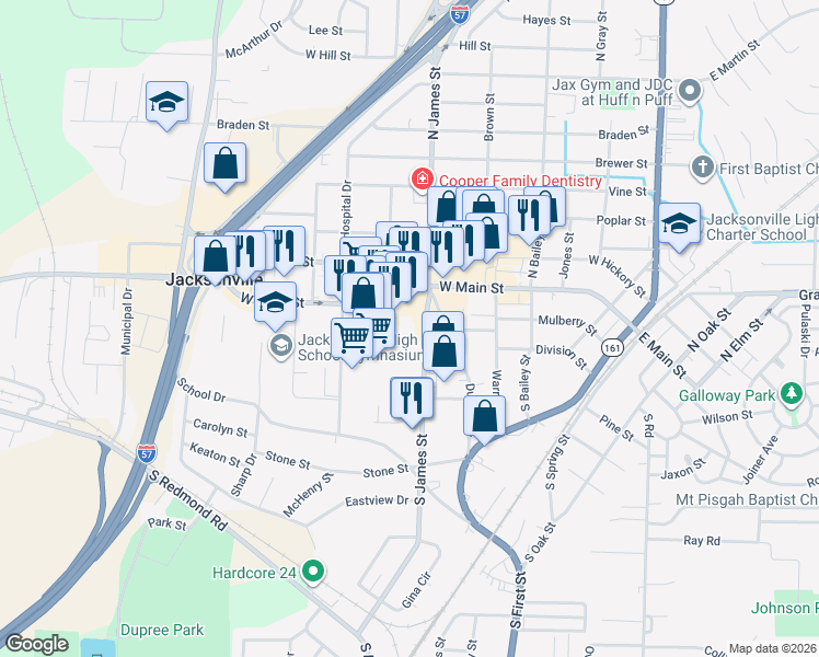 map of restaurants, bars, coffee shops, grocery stores, and more near 211 South James Street in Jacksonville