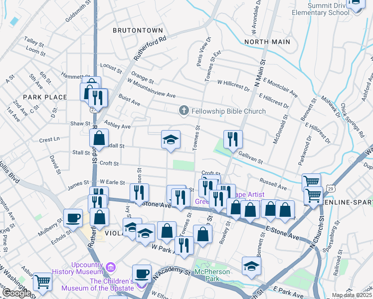 map of restaurants, bars, coffee shops, grocery stores, and more near 104 Randall Street in Greenville