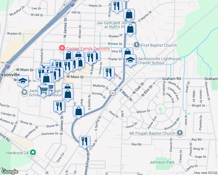 map of restaurants, bars, coffee shops, grocery stores, and more near 147 South 2nd Street in Jacksonville