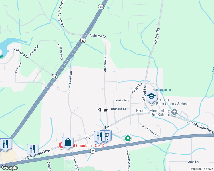 map of restaurants, bars, coffee shops, grocery stores, and more near 522 Alabama Street in Killen