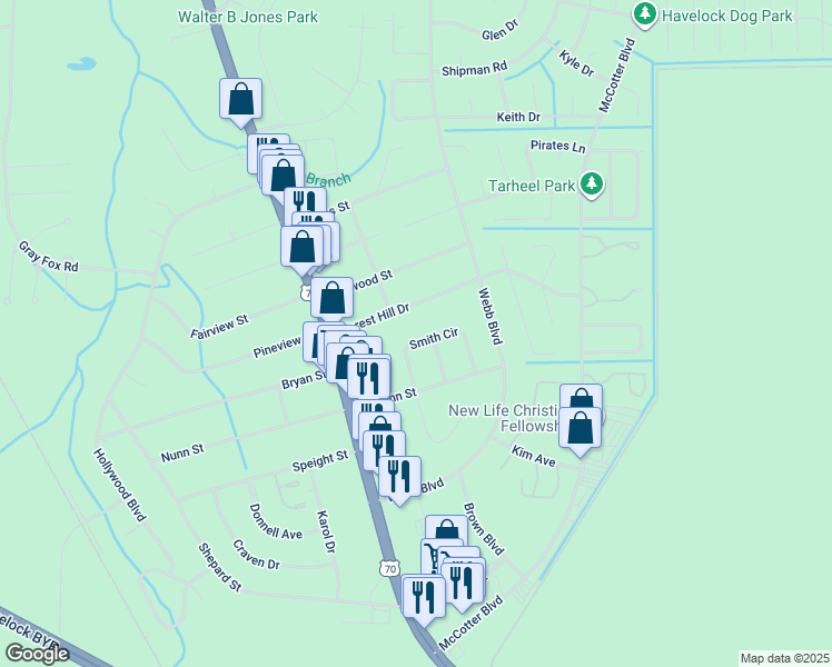 map of restaurants, bars, coffee shops, grocery stores, and more near 113 Smith Circle in Havelock