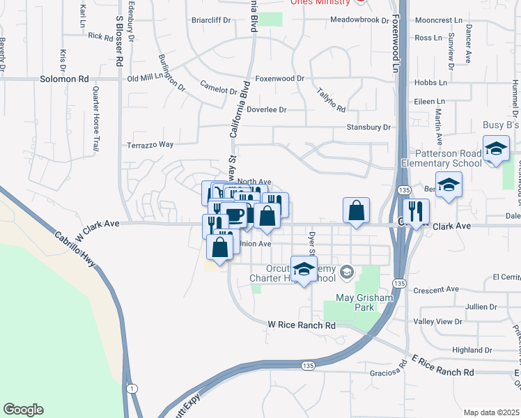 map of restaurants, bars, coffee shops, grocery stores, and more near 220 Park Avenue in Orcutt