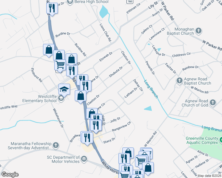 map of restaurants, bars, coffee shops, grocery stores, and more near 26 Claxton Drive in Greenville