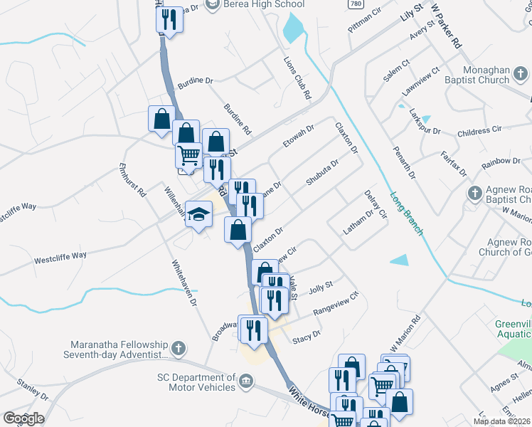 map of restaurants, bars, coffee shops, grocery stores, and more near 14 Shubuta Court in Greenville