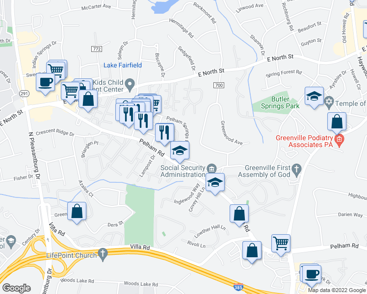 map of restaurants, bars, coffee shops, grocery stores, and more near 11 Pelham Springs Place in Greenville