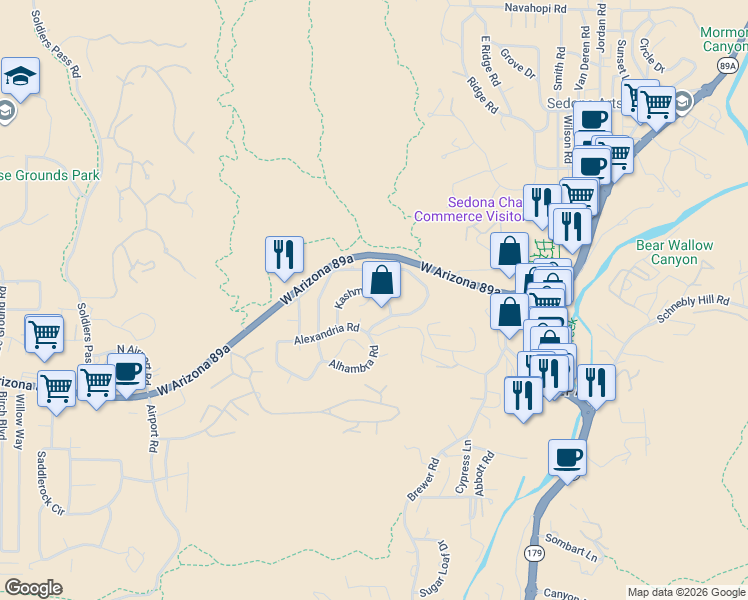 map of restaurants, bars, coffee shops, grocery stores, and more near 170 Kashmir Road in Sedona
