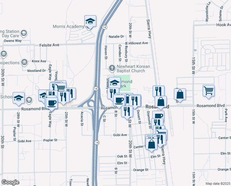 map of restaurants, bars, coffee shops, grocery stores, and more near 3082 Glendower Street in Rosamond