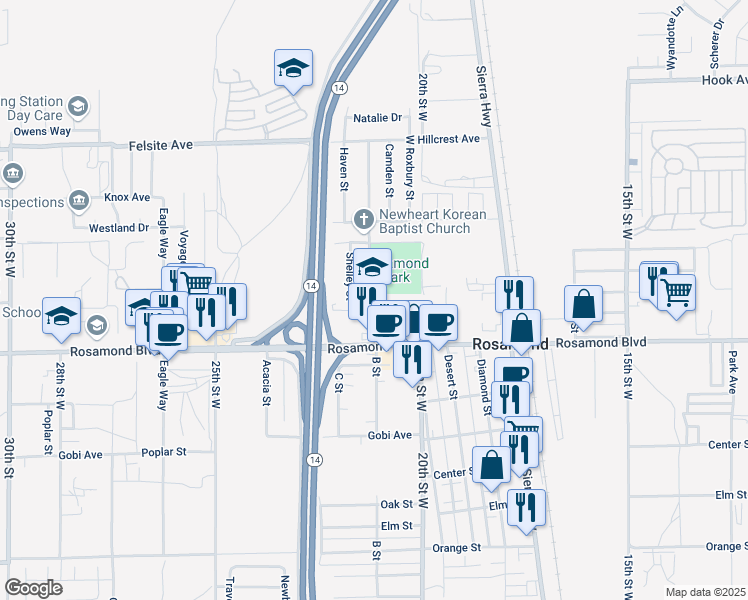 map of restaurants, bars, coffee shops, grocery stores, and more near 3082 Glendower Street in Rosamond
