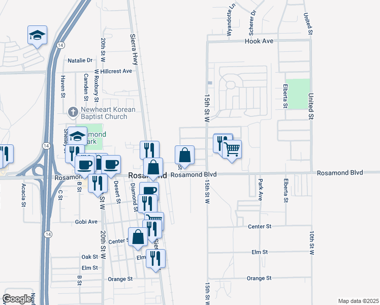 map of restaurants, bars, coffee shops, grocery stores, and more near 1564 Edwards Avenue in Rosamond