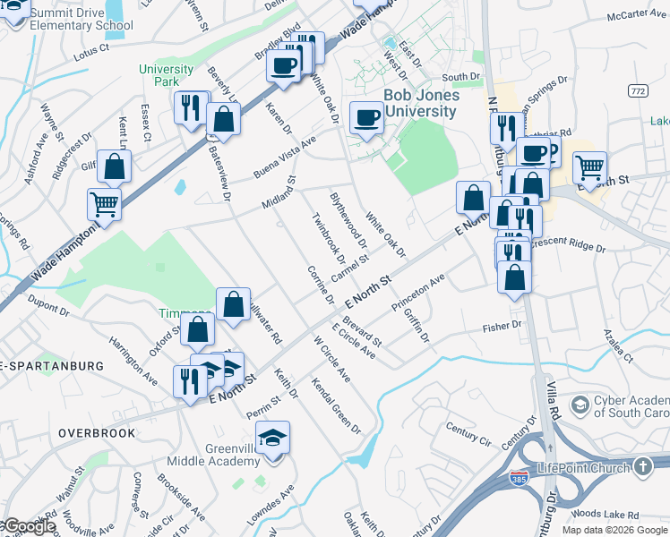 map of restaurants, bars, coffee shops, grocery stores, and more near 107 Carmel Street in Greenville