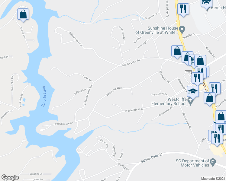 map of restaurants, bars, coffee shops, grocery stores, and more near 309 Eastcliffe Way in Greenville