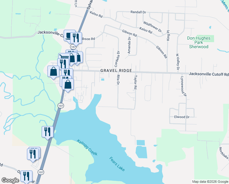 map of restaurants, bars, coffee shops, grocery stores, and more near 6621 Jacksonville Cutoff Road in Sherwood