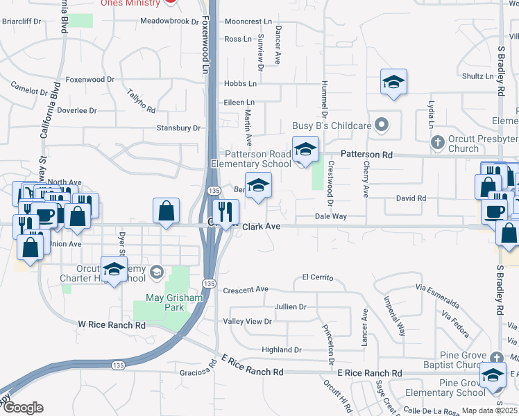 map of restaurants, bars, coffee shops, grocery stores, and more near 4893 Bethany Lane in Santa Maria
