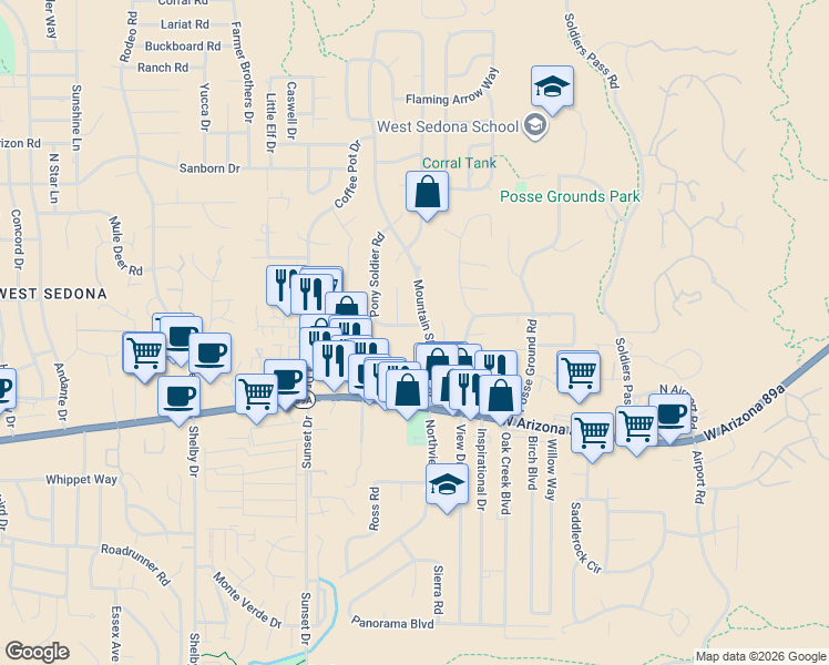 map of restaurants, bars, coffee shops, grocery stores, and more near 55 Pony Soldier Road in Sedona