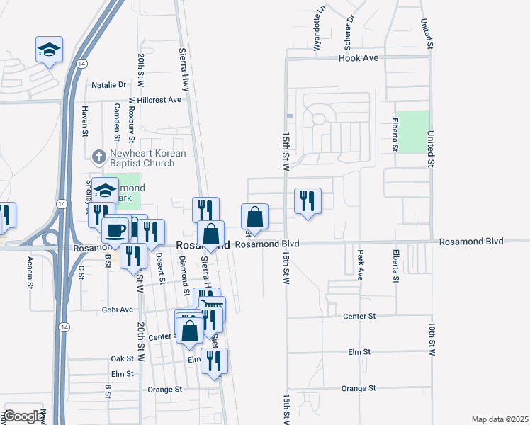 map of restaurants, bars, coffee shops, grocery stores, and more near 1564 Edwards Avenue in Rosamond