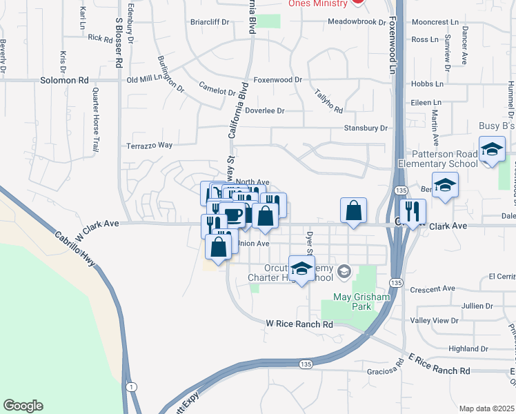 map of restaurants, bars, coffee shops, grocery stores, and more near 220 Park Avenue in Orcutt
