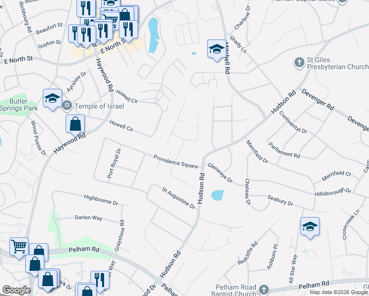 map of restaurants, bars, coffee shops, grocery stores, and more near 7 Coventry Road in Greenville